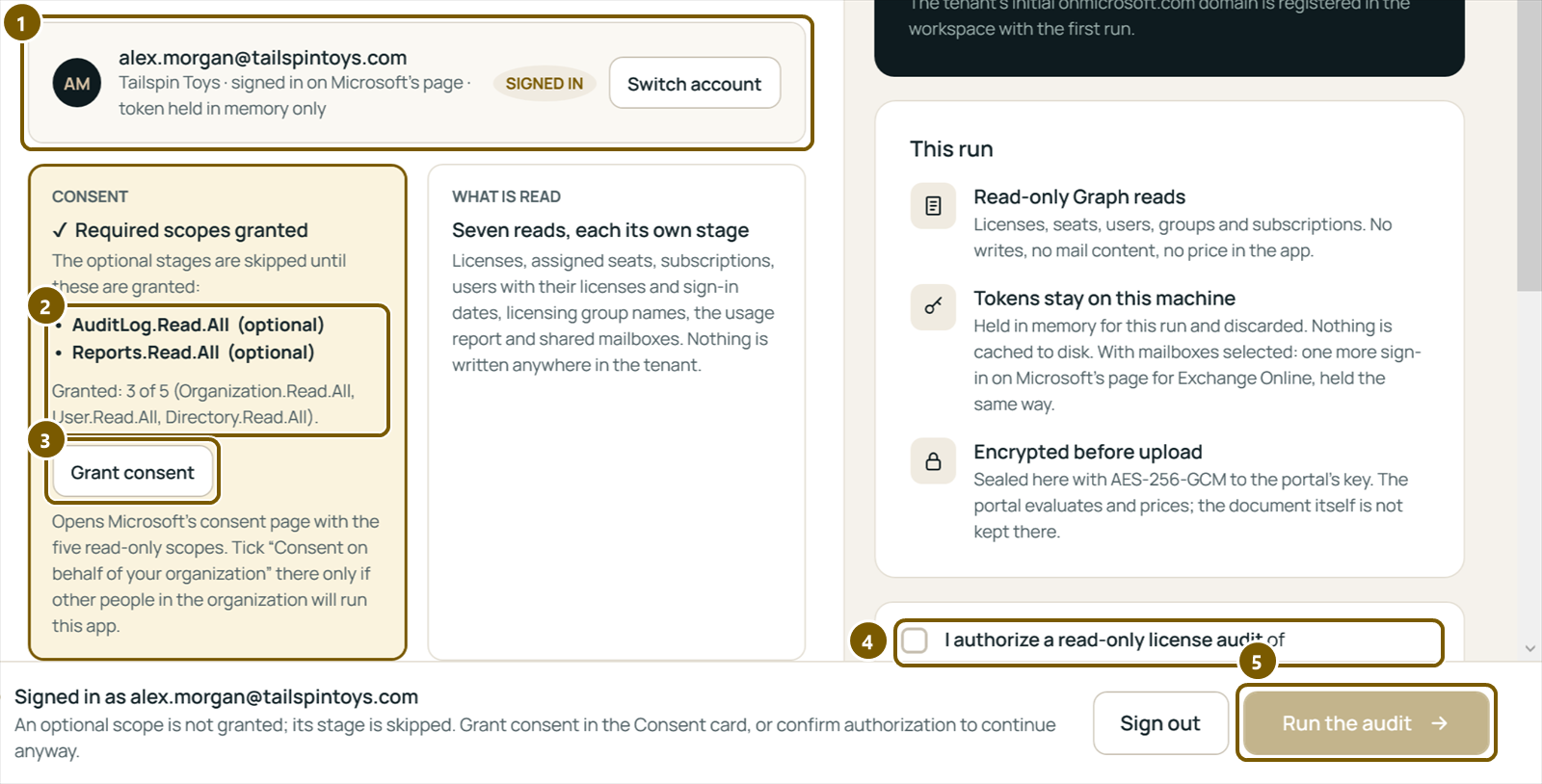Signed in as alex.morgan@tailspintoys.com: the Consent card says the required scopes are granted and lists the two optional ones that are not, with the Grant consent button; the authorization box and Run the audit.