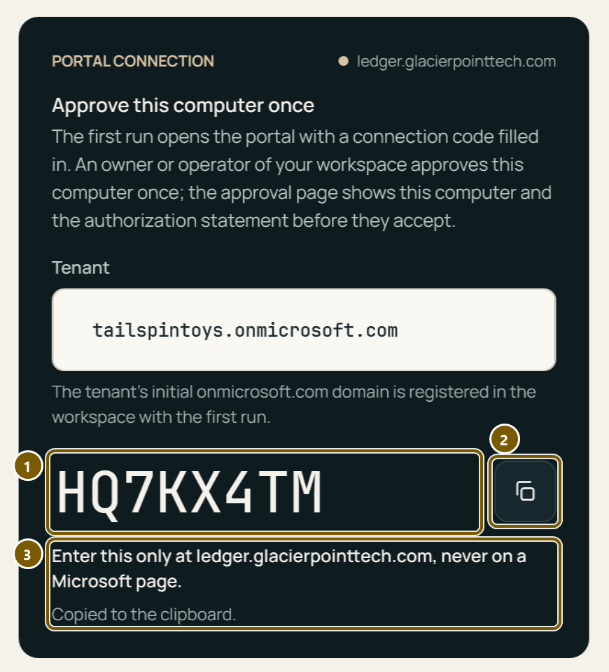 The app's Portal connection card showing the connection code HQ7KX4TM, a copy button and the note to enter it only at ledger.glacierpointtech.com.