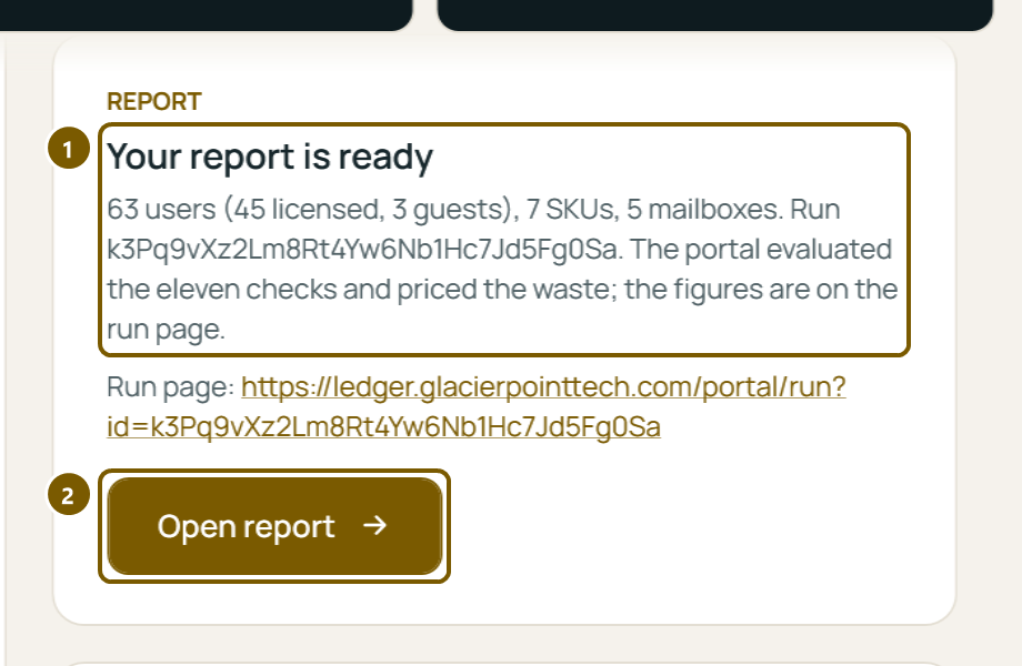 The app's card Report ready, with the button that opens the run page.