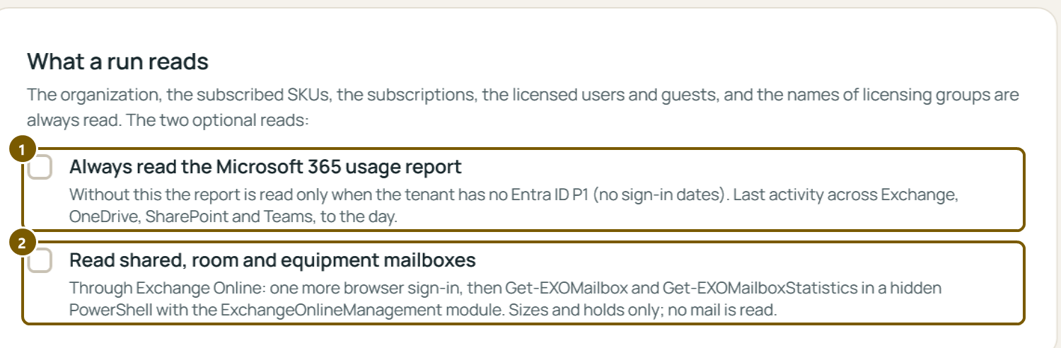 The app's Settings, What a run reads: Always read the Microsoft 365 usage report, and Read shared, room and equipment mailboxes.