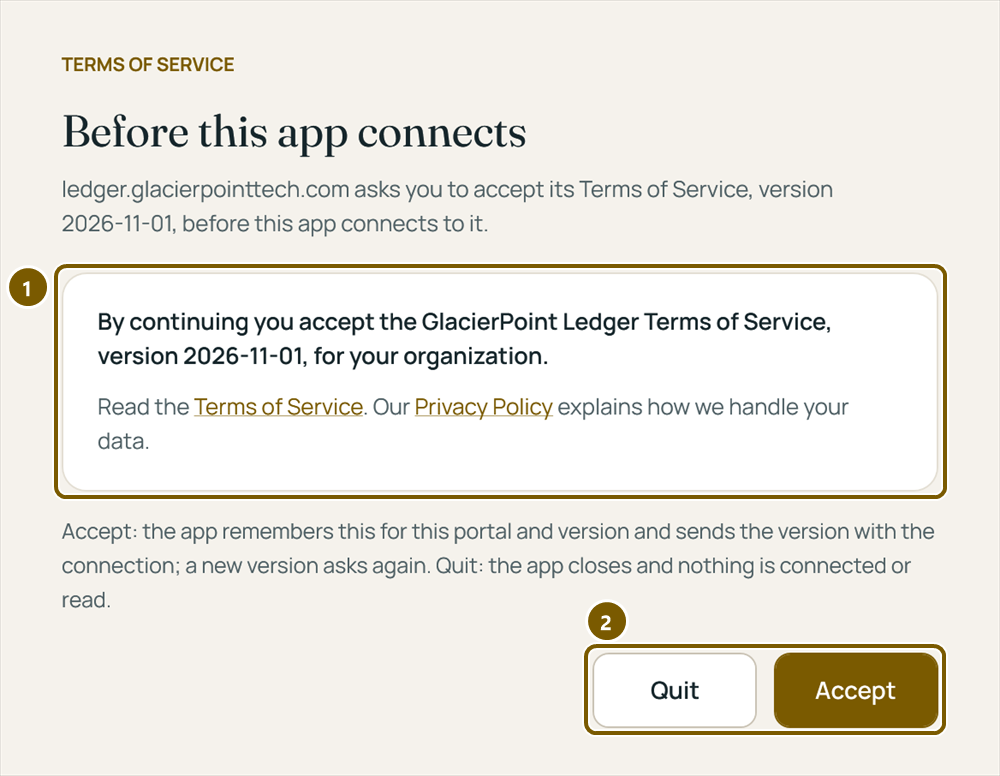 The app's window Before this app connects: the statement that continuing accepts the Terms of Service of a given version, links to the Terms and the Privacy Policy, and the Quit and Accept buttons.