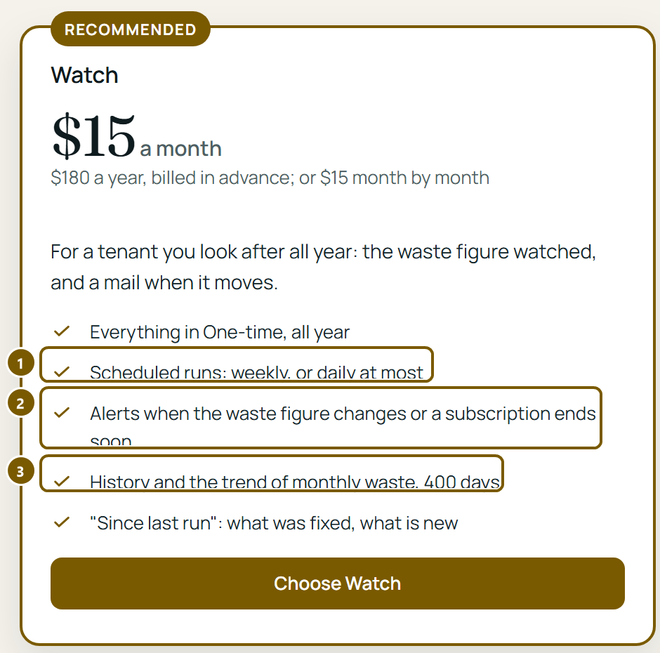 The Watch plan on the Pricing page: scheduled runs weekly or daily at most, alerts, and history and trend of 400 days.