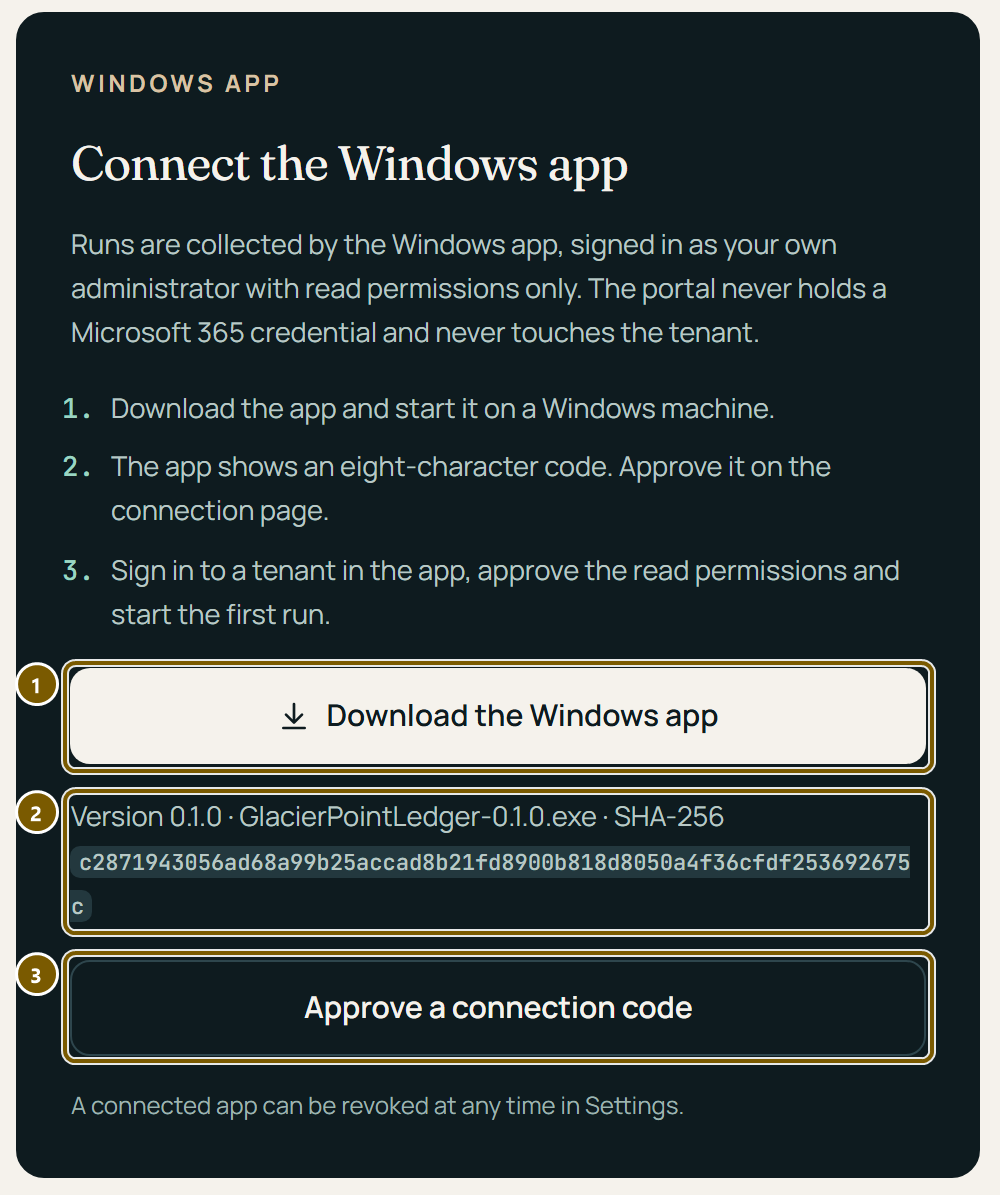 The portal's card Connect the Windows app: three steps, the Download the Windows app button, the version, file name and SHA-256 checksum, and Approve a connection code.