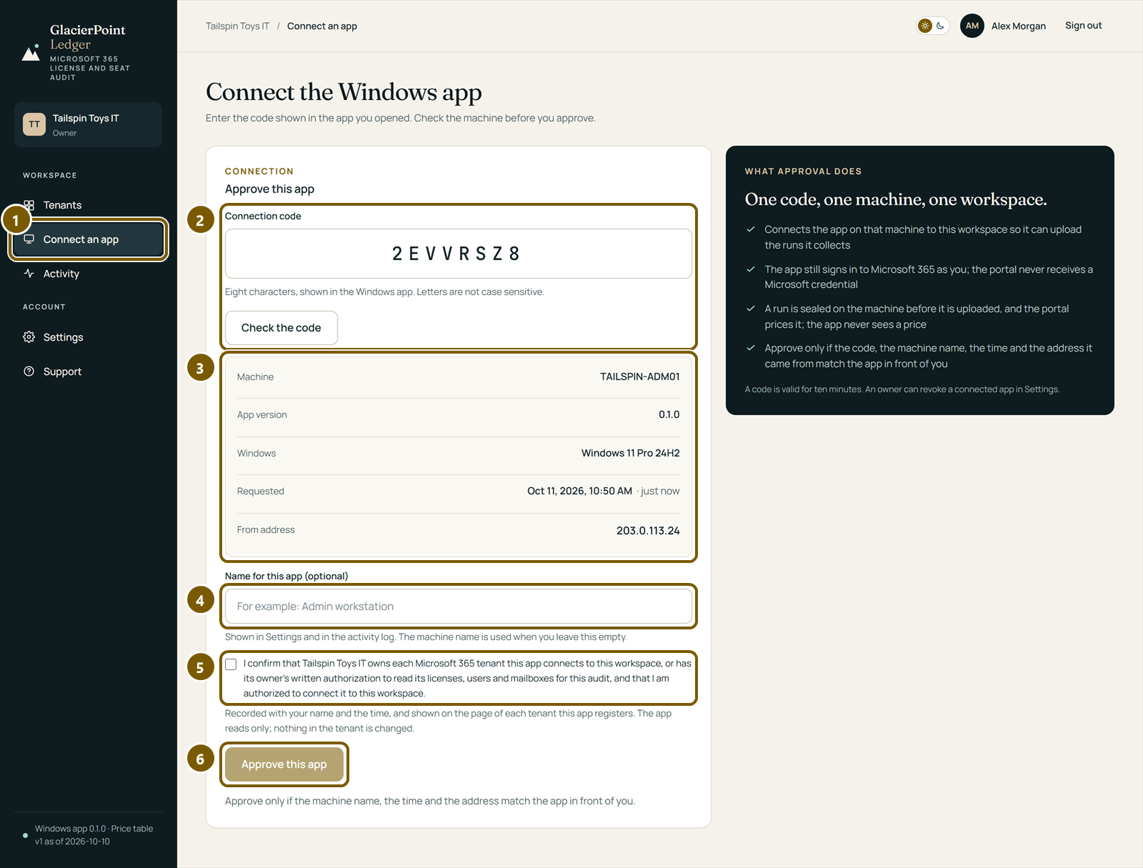 The portal's Connect an app page: the code, the machine, app version, Windows version, time and address of the app that asked, a name for the app, the authorization statement and Approve this app.