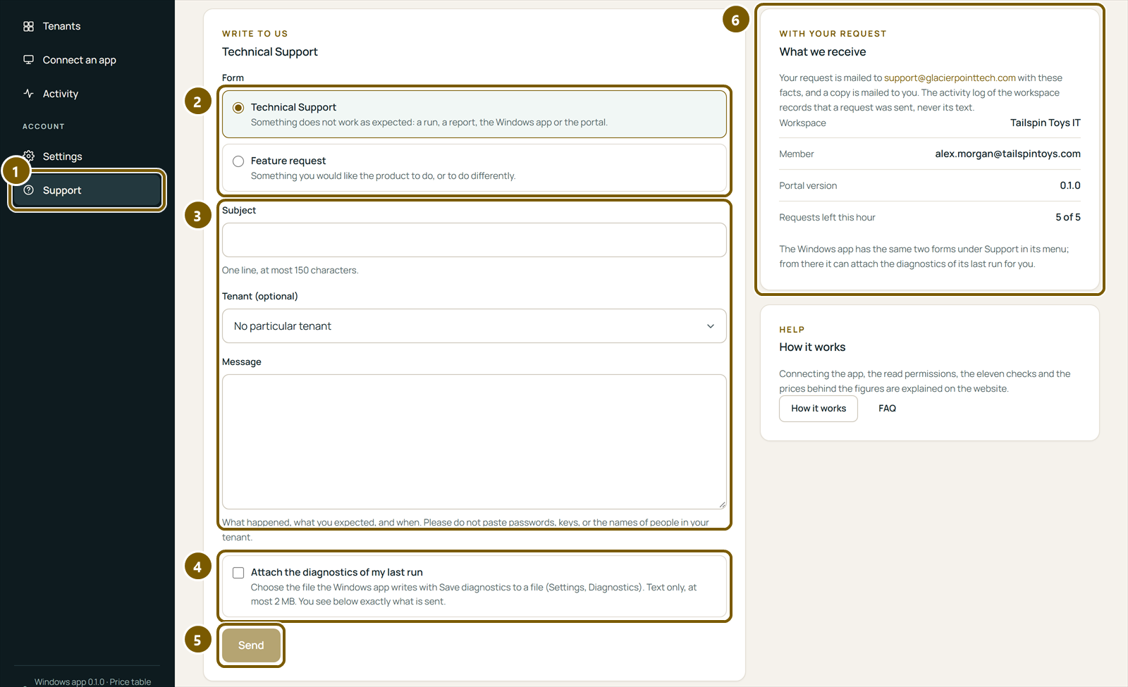The portal's Support page: the choice between Technical Support and Feature request, subject, tenant and message, attaching the diagnostics of the last run, Send, and what is sent with the request.