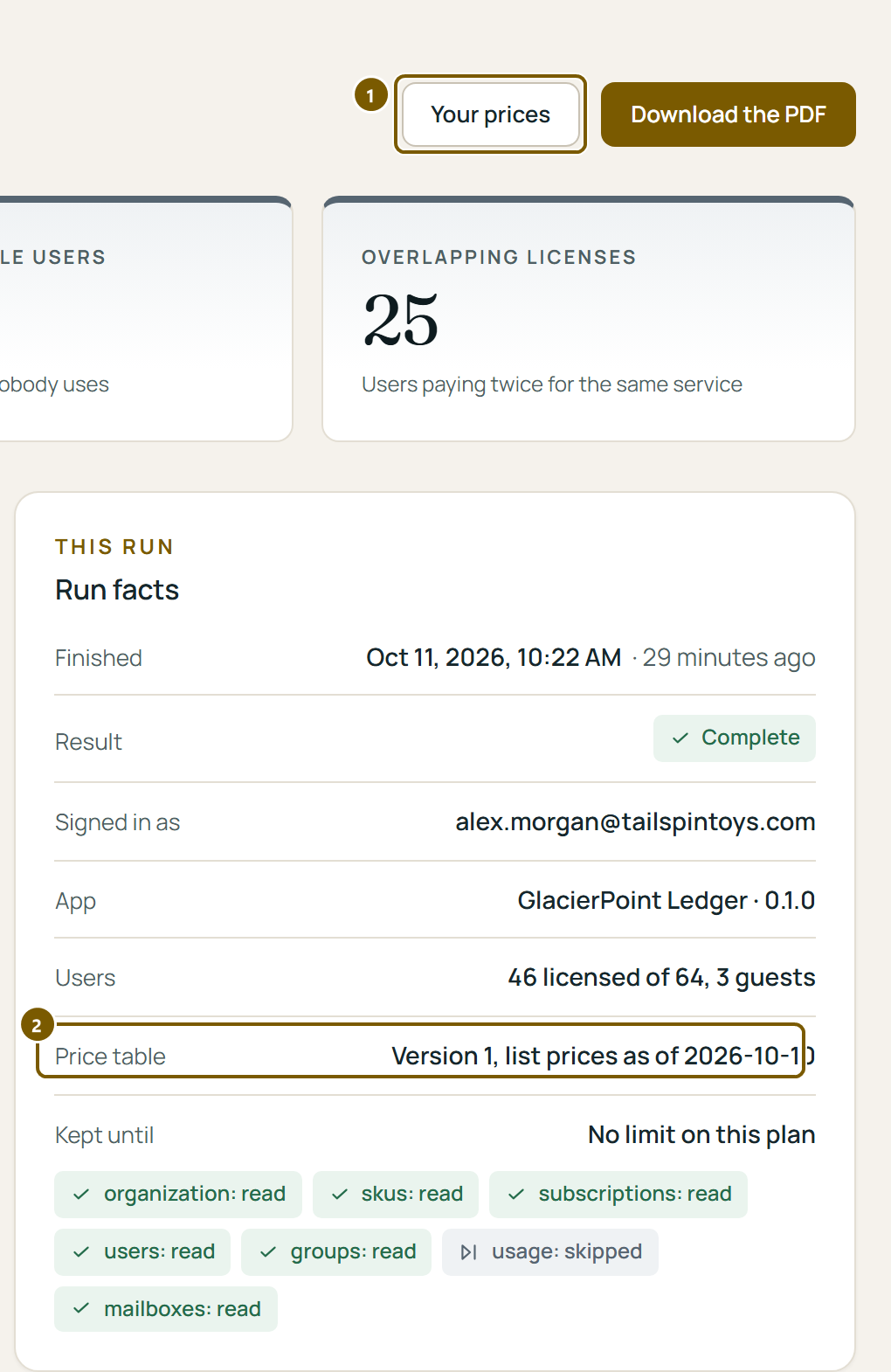 The right part of the tenant's page: the Your prices button, and in Run facts the line Price table, version 1, list prices as of 2026-10-10.