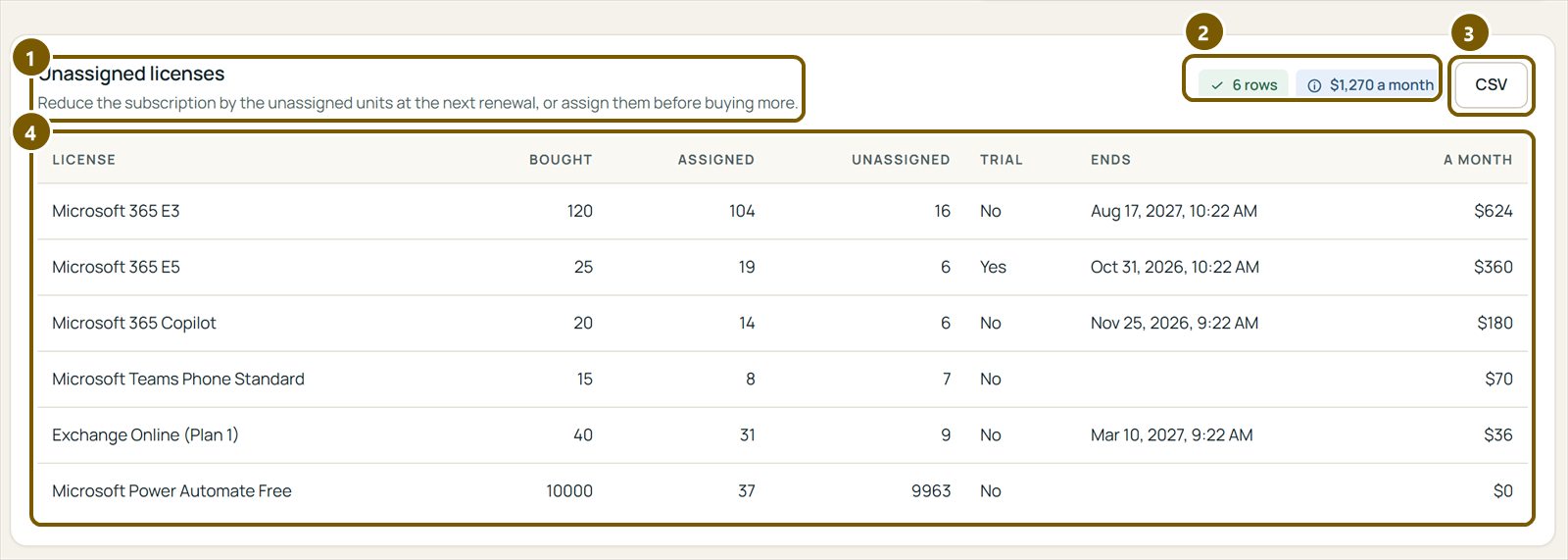 The section Unassigned licenses: what to do, 6 rows, $1,270 a month, the CSV button, and the table of licenses bought, assigned and unassigned.