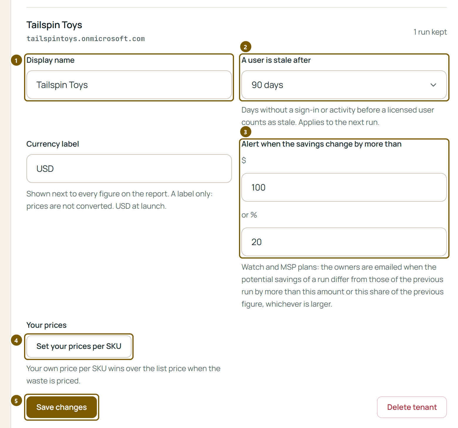 The settings of the tenant Tailspin Toys: display name, a user is stale after 90 days, currency label, alert thresholds of 100 dollars or 20 percent, Set your prices per SKU and Save changes.