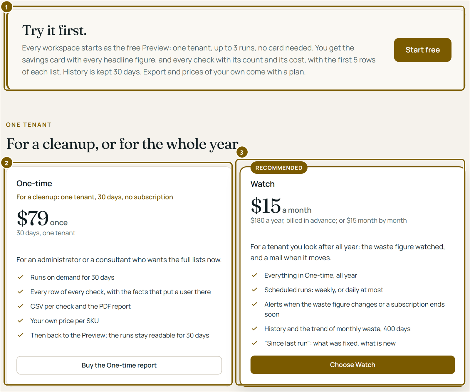 The Pricing page: the free Preview, the One-time plan at $79 once and the Watch plan at $15 a month.